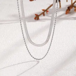2-Piece Chain Necklace Set - 3mm Double-Layer Cuban and Twisted Rope Chains, 14K Silver-Plated, Simple Versatile Fashion Costume Jewelry Accessory