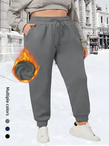 Women's Plus Size Solid Color Fleece Lined Sport Pants, Elastic Drawstring Fall Winter Warm Running Pants, Casual Loose Fit with Pockets, Soft Comfy Sweatpants
