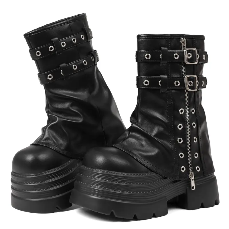 EROCALLI Women's PU Leather Round Toe Studded Buckle Platform Ankle Booties - Goth Punk, Chunky Lug Sole, Chunky Heel, All Seasons Walking Shoes, Avant Garde Fashion Black Brat Style Vibe Footwear,outdoorfun