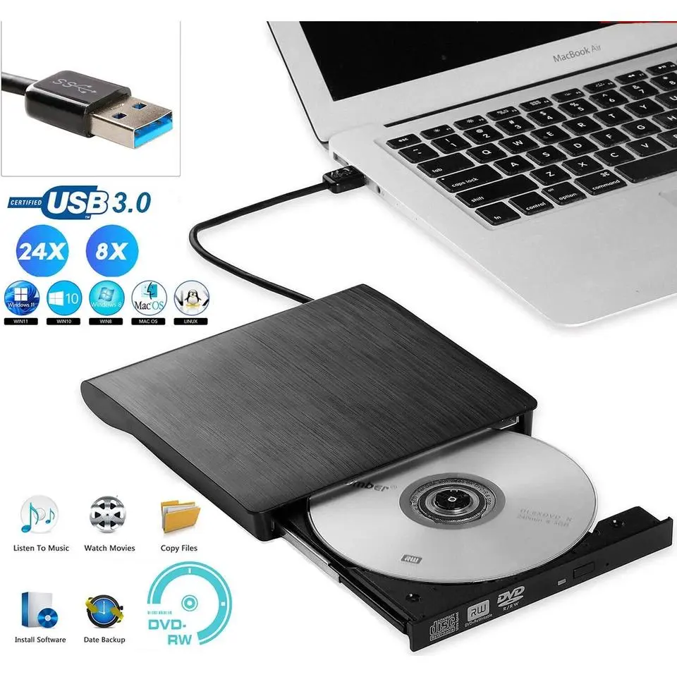Slim External CD DVD Drive USB 3.0, CD Burning & DVD Reading, Plug & Play No Driver Needed, 5Gbps Fast Transfer, Wide OS Compatibility, Lightweight Portable for Travel & Home