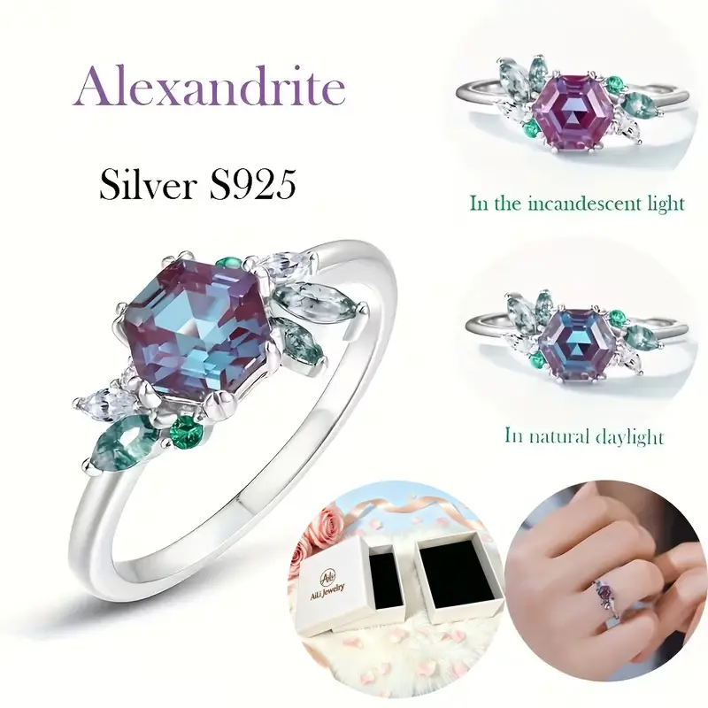 Luxury S925 Silver Ring for Women, 6x6mm Hexagonal Lab Created Alexandrite with Zircon Accents, Banquet Wear Jewelry Gift, Birthday, Fashion Accessory, Adults, Hexagon Stone, Female
