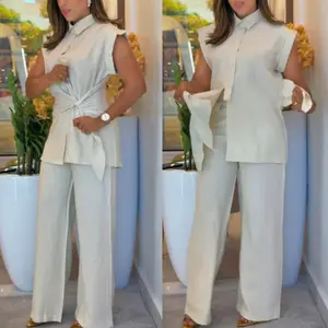 ChicMe Women's 2 Pieces Sleeveless Knotted Button Polo Shirt with Casual Wide-Leg Pants Set Clothes Suits Comfort Basic Minimalist White Womenswear