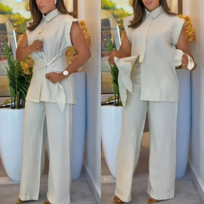 ChicMe Women's 2 Pieces Sleeveless Knotted Button Polo Shirt with Casual Wide-Leg Pants Set Clothes Suits Comfort Basic Minimalist White Womenswear, Casual Outfits Women, Two Piece Set Women