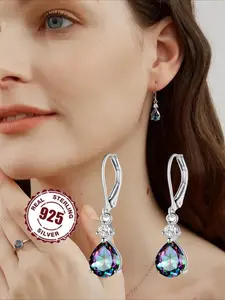 925 Sterling Silver Water Drop Shaped Earrings, Teardrop Earrings, Colorful Zirconia Decor Dangle Earrings, Fashion Jewelry Accessories for Women, Trendy All-match & Exquisite Jewelry for Birthday Gift
