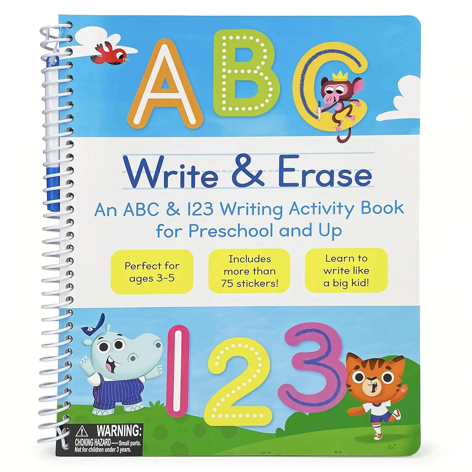 Wipe Clean Write & Erase ABC-123 Tracing Workbook, Early Learning Aid for Preschool Kids Ages 3-5, with Letter & Number Tracing, Wipe Clean Marker, Bonus Stickers & Restickable Stickers