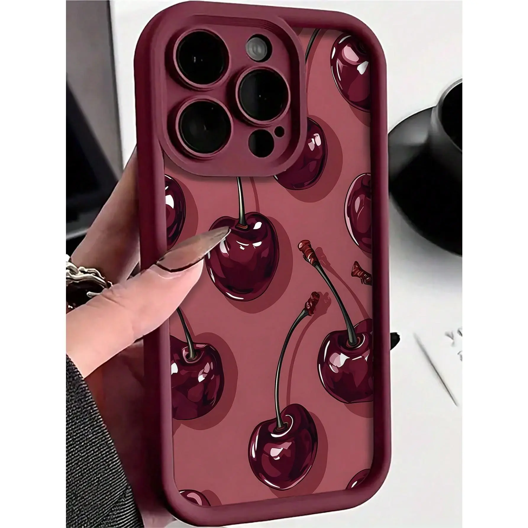 A stylish deep red cherry pattern soft TPU shockproof anti-drop  full-coverage phone case, compatible with iPhone 17/16/15/14/13/12/11, a  gift for friends, family, and yourself. - TikTok Shop