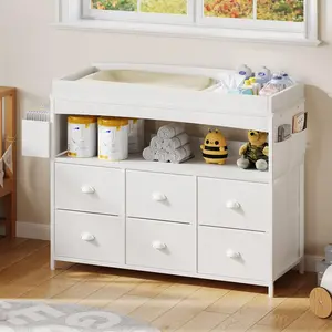 Baby Changing Table Dresser with Storage, Baby Dresser with Changing Table Top & 6-Fabric Drawer, Diaper Changing Station with Storage Shelf for Nursery Modern (6 Drawers/White)
