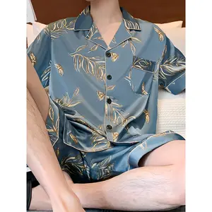 Men's Summer Floral Pajama Set - Casual, Short Sleeve, Polyester Sleepwear, Regular Fit, Black, 97% Polyester 3% Elastane