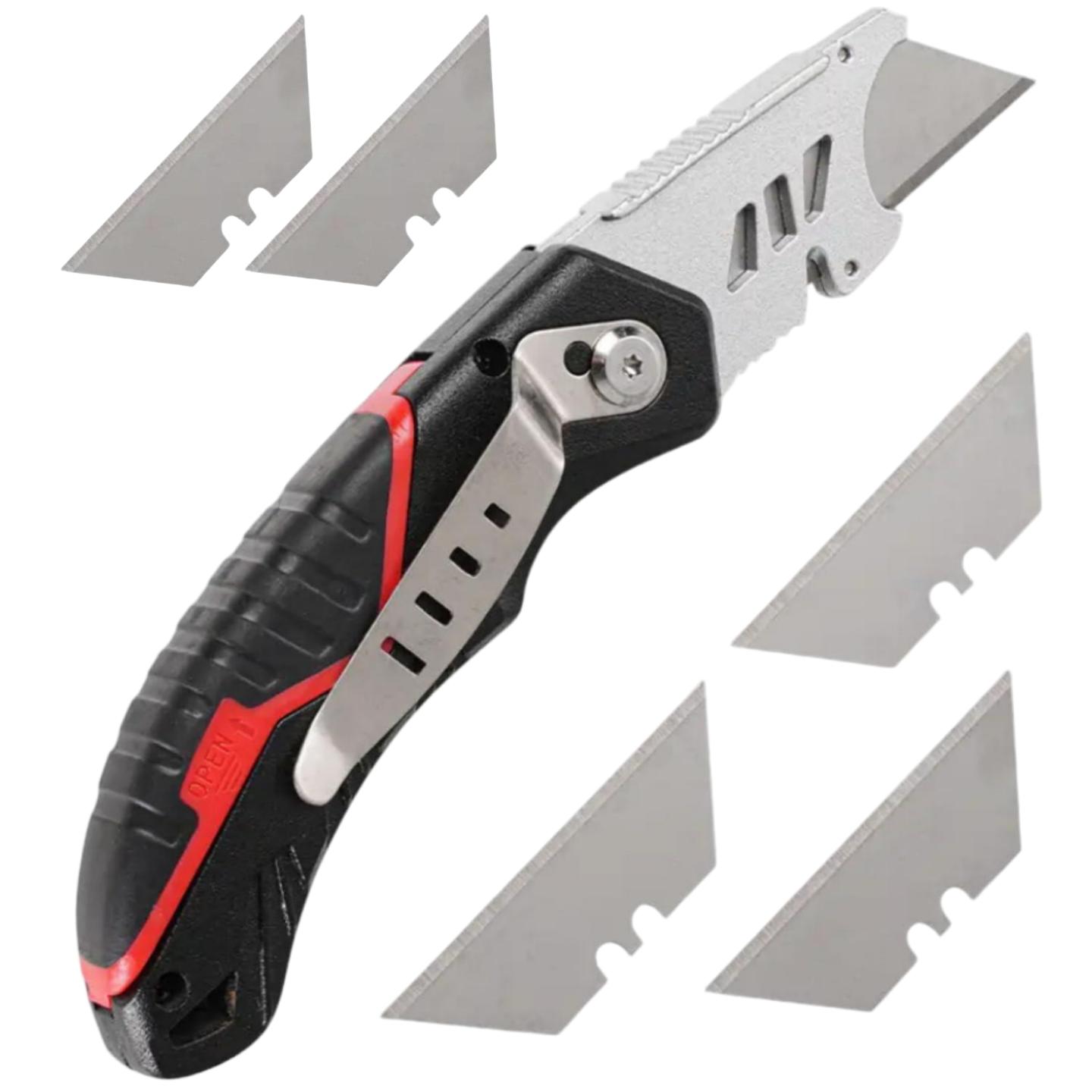 Heavy Duty Folding Utility Knife with 6 SK5 Blades, Quick Release Safety Box Cutter, 3 Cutting Angles, Ergonomic Grip and Blade Storage for Cardboard, Packaging, Carpet and DIY