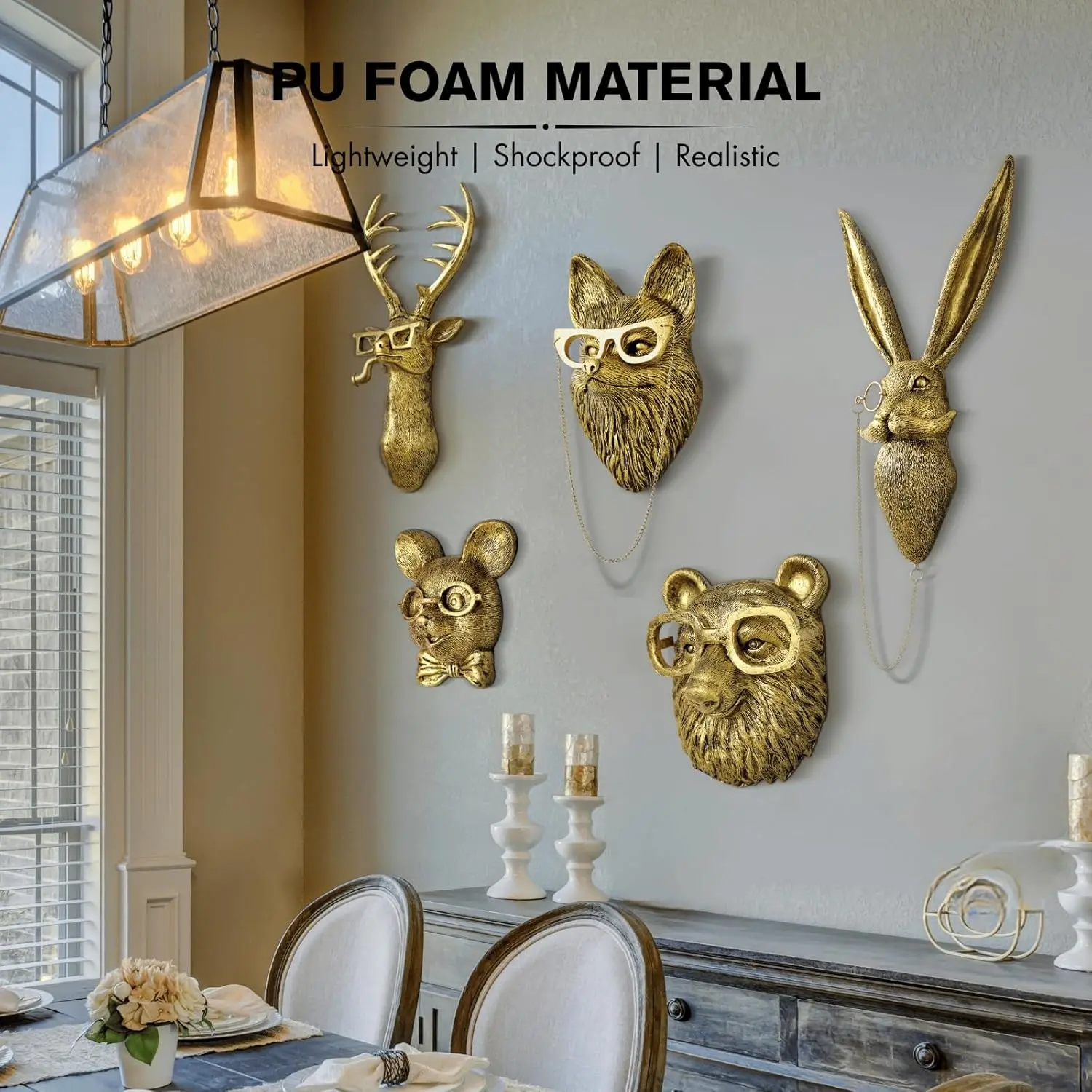 Vintage Gold Animal Wall Decor, wall hanging design, Luxury Style, Space Atmosphere Creation, Wearing Glasses, Hanging Chain Detail, Artificial Hanging, Home Decoration, Wall Ornaments, Animal Decorations, Room Decorations, Home Decorative Ornament