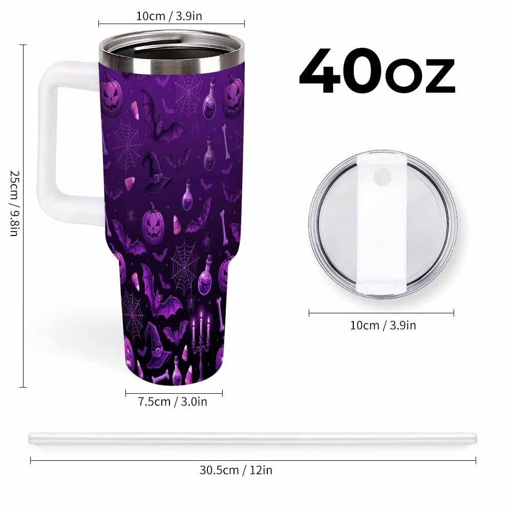 Purple Halloween Double-Wall Insulated Stainless Steel Tumbler (30oz-40oz) with Bat, Pumpkin, Spider Web, Witch Hat Gothic Print, Leakproof Lid, Straw, Portable Vacuum Flask for Travel, Autumn Gift