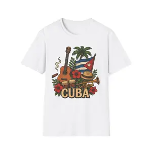 Cuban Vibe T-Shirt Travel Gift Music Lover Tee Tropical Apparel Island Style Unisex Design with Guitar Trumpet & Flag Print Comfortable Soft Durable Fabric Ethically Made US Cotton Oeko-Tex Certified