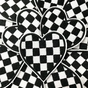 12Pcs Heart Embroidery Iron On Small Patches Checkerboard Decorative Fashion Cute Appliques Accessories for DIY Clothes Jackets Hats Backpacks