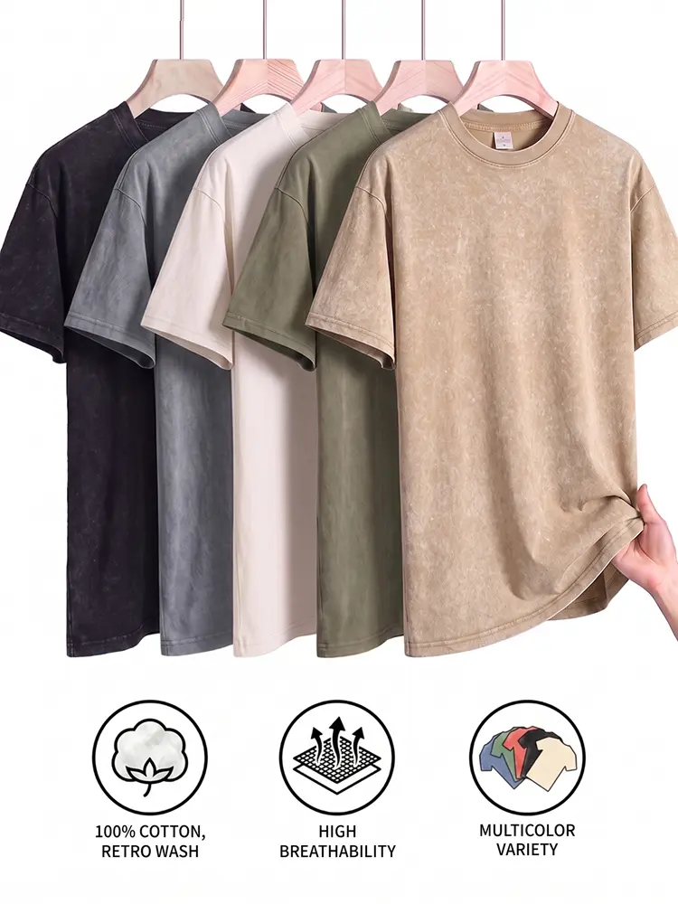 5-PACK Men's Retro Wash Cotton T-Shirts, 100% Pure Cotton Fabric, Breathable Crew Neck Short Sleeve Tees, Loose Casual Basic Tops Value Pack