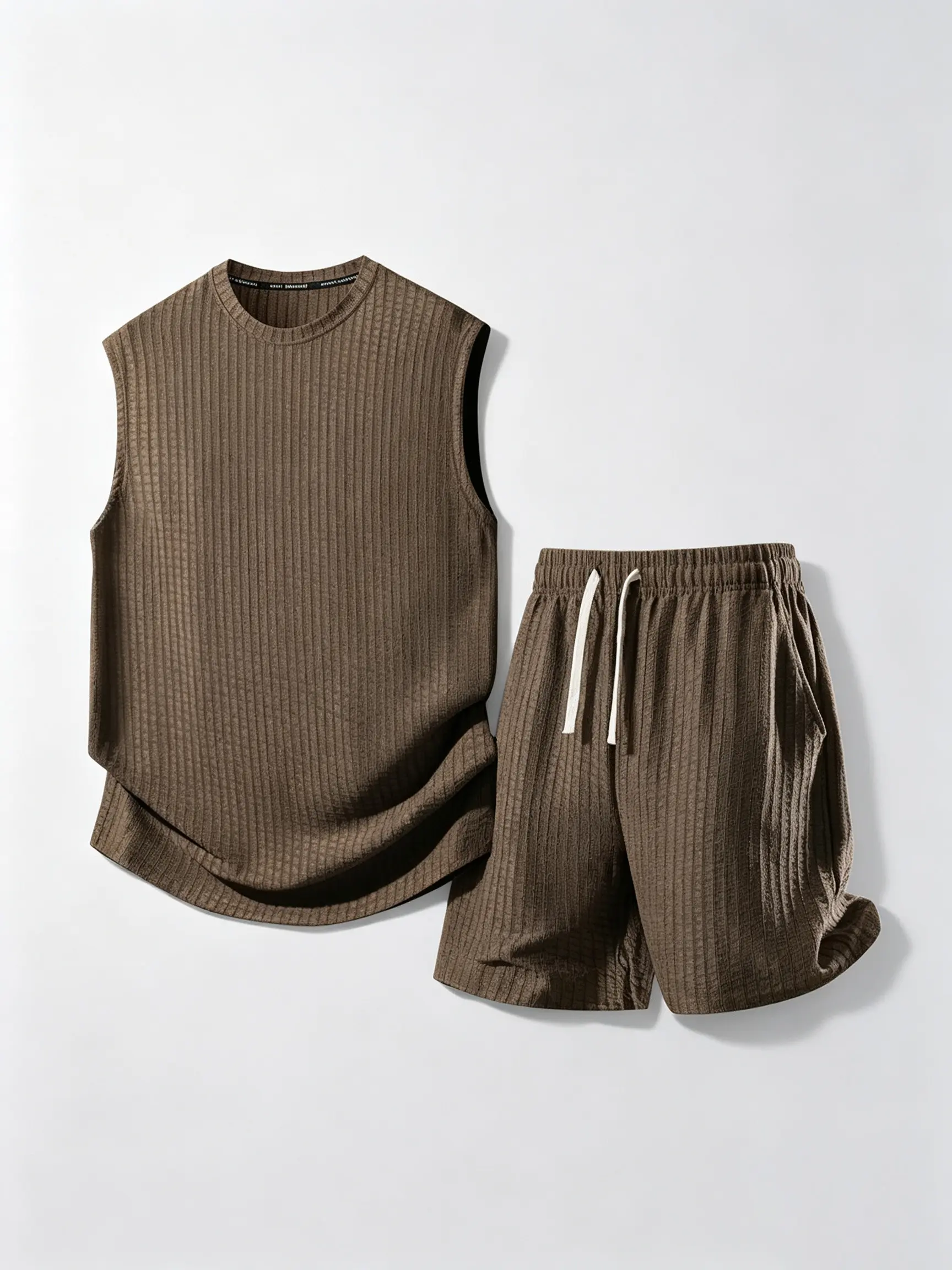 Father's Day Gift Men's 2-Piece Waffle Sleeveless Loose Tank Top & Shorts Set, Menswear Suit for Casual Sport, Streetwear, Tropical Summer Outfits (Plain Beige)