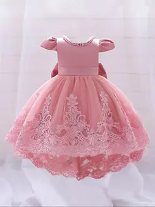 Girl's Floral Embroidery Big Bow Decor Contrast Mesh High Low Tulle Dress, Elegant Puff Cap Sleeve Zipper Back Faux Pearls Decor Round Neck A Line Dress for Party Performance Wedding Guest, Kids Clothes for All Seasons, Girl Clothes