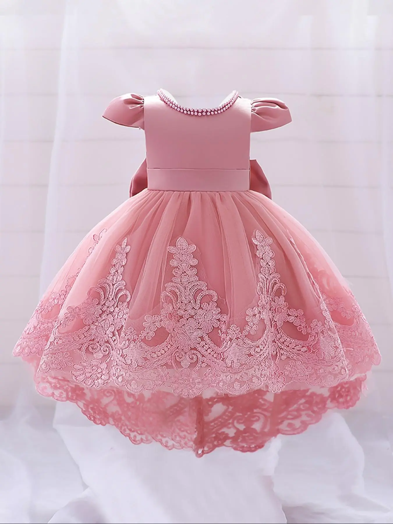 Girl's Floral Embroidery Big Bow Decor Contrast Mesh High Low Tulle Dress, Elegant Puff Cap Sleeve Zipper Back Faux Pearls Decor Round Neck A Line Dre