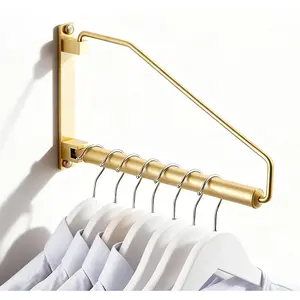 Folding Wall Mounted Clothes Hanger Rack Clothes Hook Solid Brass with Swing Arm Holder Clothing  System Closet Storage Organizer Heavy Duty Drying Rack Wall Mount,Brushed