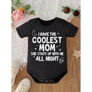 Cute Baby Bodysuit with I Have The Coolest Mom She Stays Up With Me All Night Print Soft Versatile Round Neck Button Detail Regular Fit All Seasons Knitted Fabric Onesie for 0-12 Months