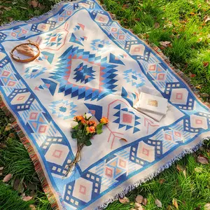 Bohemian Woven Picnic Blanket, Cotton Tassel Camping Throw, Multi-Use Waterproof Outdoor Mat for Beach, Tent & Nap