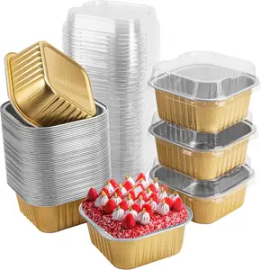 50pcs Gold Aluminum Foil Mini Square Baking Cups with Lids - 2.8”x2.8”x1.4”, 5oz (150 ml) Disposable Kitchen Bakeware for Wedding, Birthday Parties, All Ages
