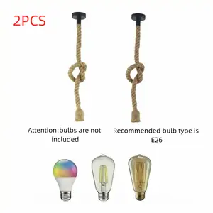 Rustic hemp rope pendant lamp, retro industrial-style single-head hanging ceiling lamp, suitable for kitchen island, restaurant, cafe, bar country-style lighting fixtures - socket compatible with E26 / E27 (bulb not included), two-pack.