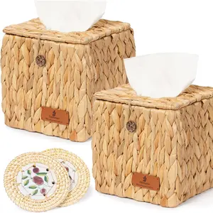 Tissue Box Cover Square Set of 2, Hyacinth Tissue Box Holder, Handwoven Decorative Tissue Box Cover for Home, Fits Standard Boxes, Sturdy Tight Weave, Easy One-Hand Pull