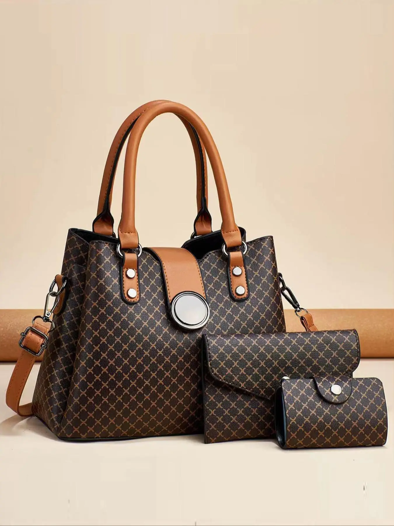 Women's Fashionable Geometric Pattern Bag Set, Large Capacity Shoulder Bag & Clutch & Wallet, Casual Trendy Versatile High-quality Daily Commuting Bag