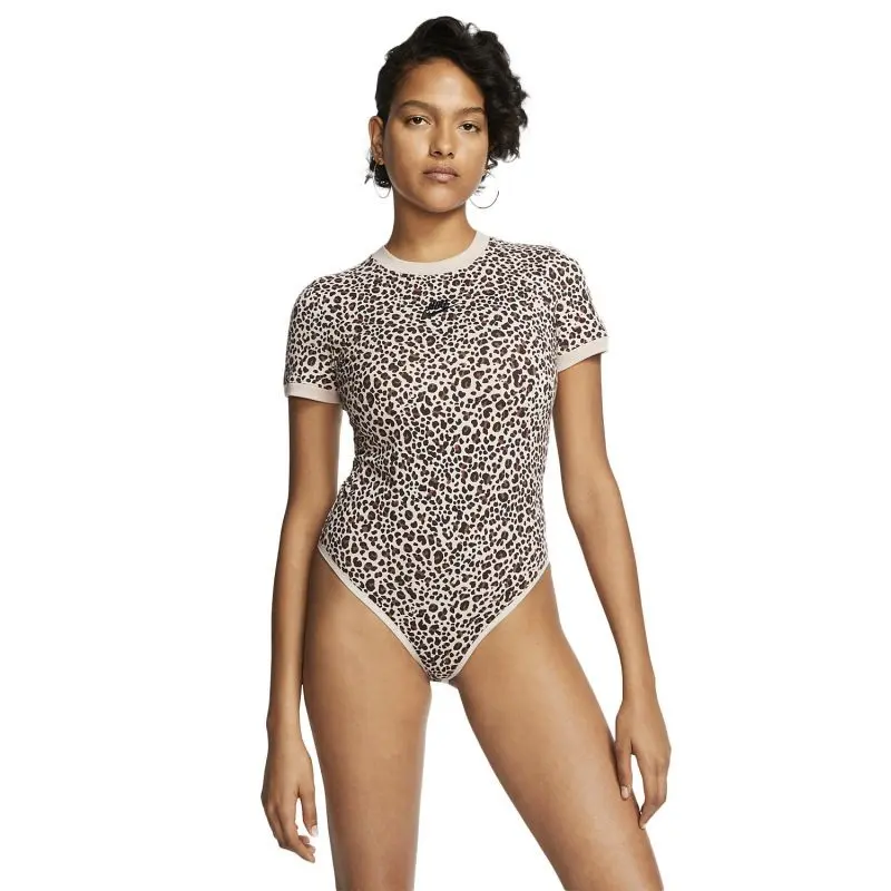 NIKE Women's All-Over Logo Print Casual Sportswear Bodysuit - Athletic Shortleeve Mock Neck Top, Shortsleeve