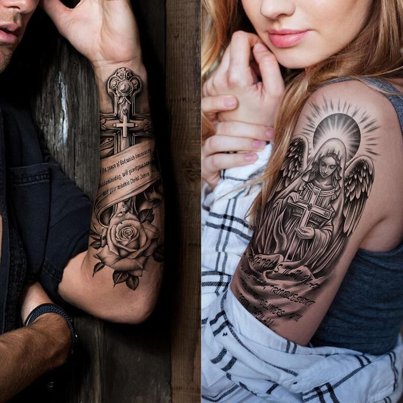 77 Sheets Christian Cross Temporary Tattoo for Women Men, 17 Sheets Half Arm Large Religious Jesus God Fake Tattoos, 60 Sheets Angels Black Christ Tiny for Adult Kids Body Tattoos Stickers Realistic
