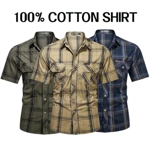 Men’s summer 100% cotton plaid short-sleeve shirt, breathable skin-friendly fabric, turn-down collar + double chest pockets design, suitable for commuting to work and everyday casual wear
