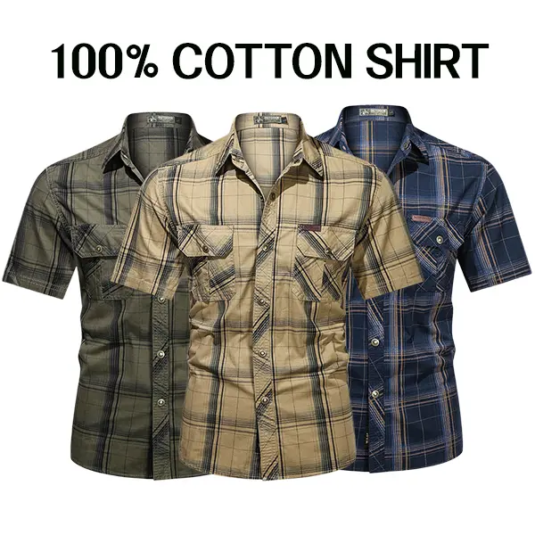 Men's 100% Cotton Plaid Shirt, Classic Short-Sleeve Menswear Garment with a Slim Straight Fit and Dual Pockets, Ideal for Casual Wear with Jeans