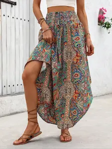 Women's Random Paisley Ethnic Print Tie Waist Drawstring Skirt, Bohemian Boho Fashion Casual Shirred Skirt for Daily Holiday Vacation Wear, Ladies Bottoms for Summer