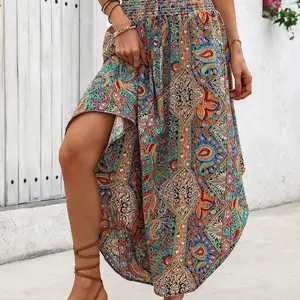 Women's Random Paisley Print Tie Waist Skirt, Boho Fashion Casual Shirred Skirt for Daily Holiday Vacation Wear, Ladies Bottoms for Summer