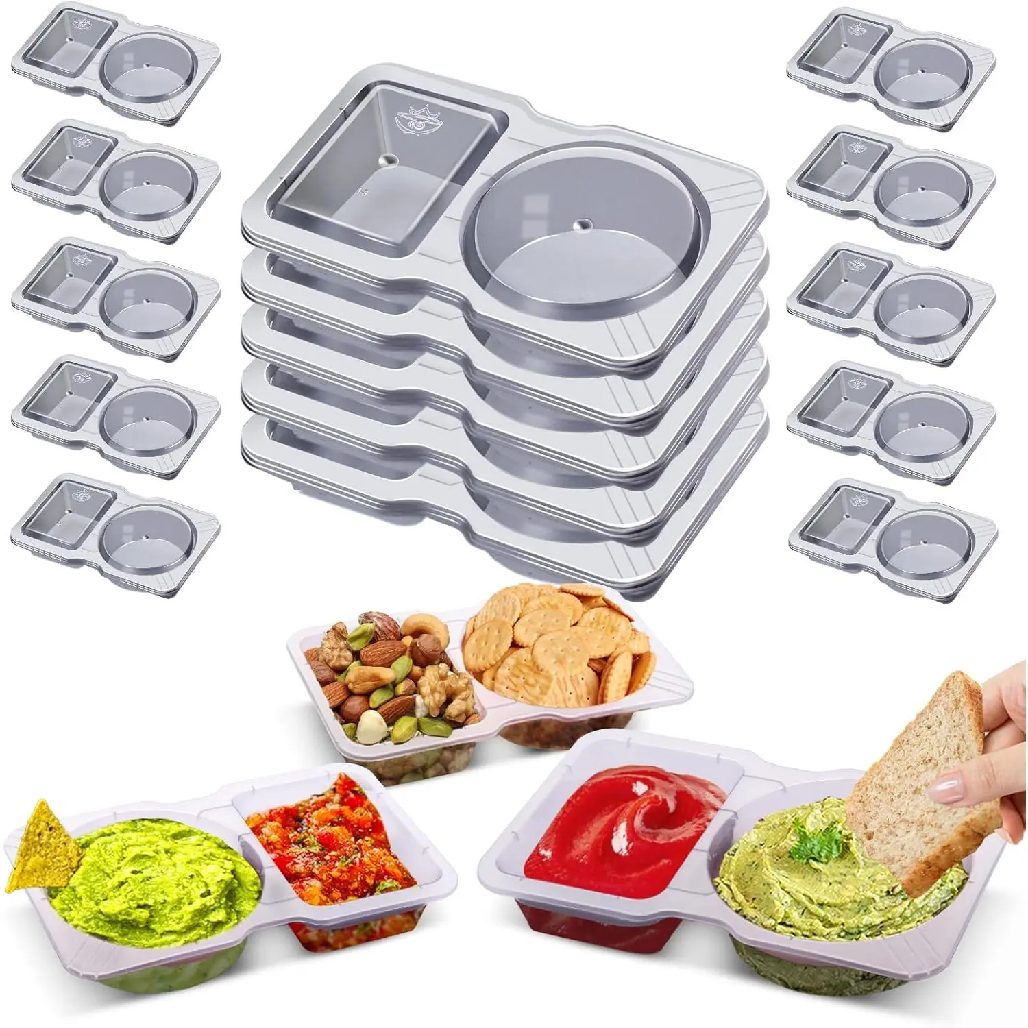 15-Pack Small Synthetic Travel Condiment Containers, Double 2-Compartment Lightweight Lidded Containers for Sauces, Disposable On-the-Go Packing (15 Sets)