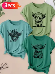 Cute Highland Cow Three-Piece Cotton T-Shirt Set, Creative Must-Have, Fashionable Loose Street Casual Wear, All Seasons Fitted Floral Pattern