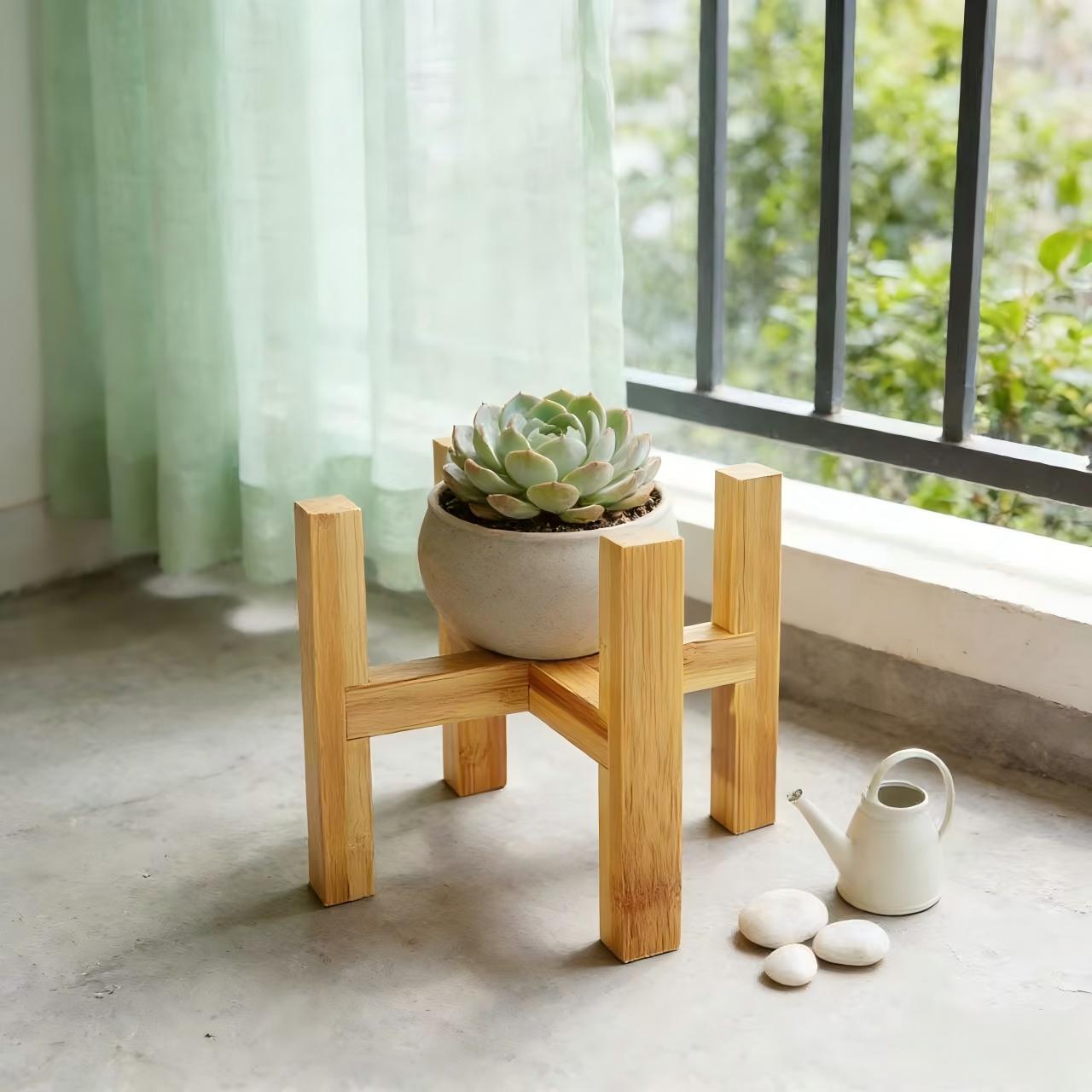 1pc Bamboo Cross Plant Stand – Mid Century Modern 4 Legged Adjustable Plant Holder, Natural Wood Flower Pot Rack Fits 11cm Planters, Rustic Display for Succulents Herbs, Indoor Outdoor Home Decor for Balcony Desk Living Room