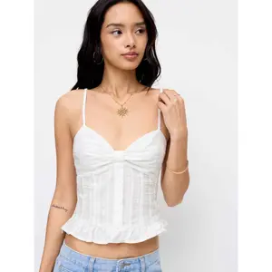 Cider Cotton Textured Sweetheart Bowknot Ruffle Hem Cami Top