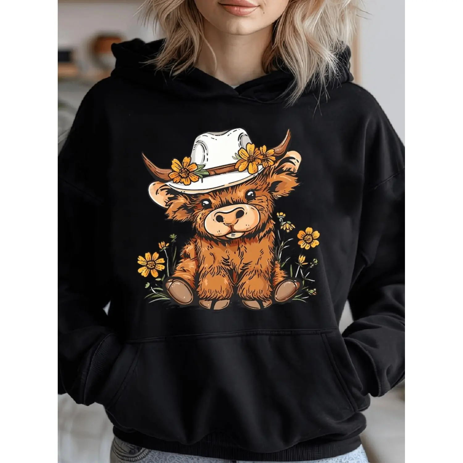 Women's Loose-Fitting Long-Sleeve Pullover Hoodie, Highland Cow Floral Print, Breathable Stretchy Fabric, Machine Washable, Pull-On, Multi-Size Including XXL