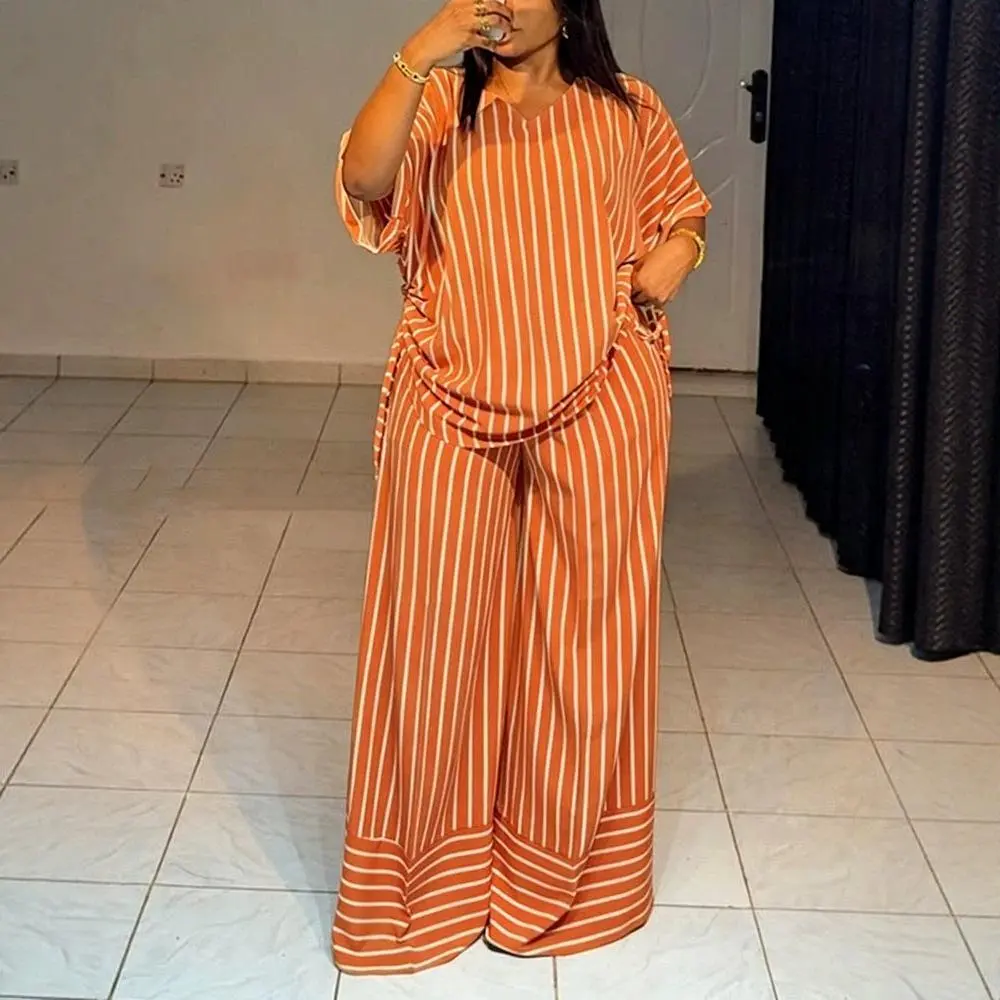 Summer new striped loose fashion casual women's V-neck thin and drape wide-leg pants suit Clothes Womenswear