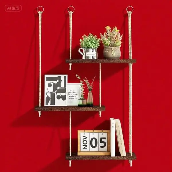 3-Tier Rustic Wooden Floating Shelves, Decorative Boho Rope-Design Wall Mount Organizer, Dark Brown Natural Finish Space-Saving Storage for Home Bedroom (Easy Installation Included)