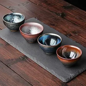 Jianzhan Tea Cup Set of 4 PCS – Handmade Traditional Chinese Ceramic Gift for Gongfu Tea Enthusiasts, Assorted Patterns (Golden Iridescence, Hare's Fur, Floral, Kirin), Collectible