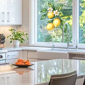 A 2D flat kitchen window sticker with white flowers, green leaves and lemon branches (30*30cm), electrostatic glass sticker, window stickers, decorating home windows and shop windows, D21612