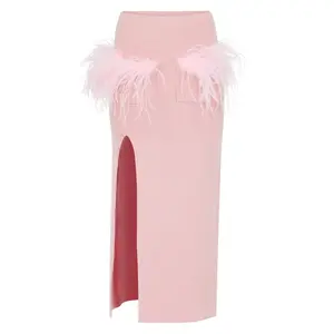 Powder Pink Vanilla Knit Skirt With Feathers