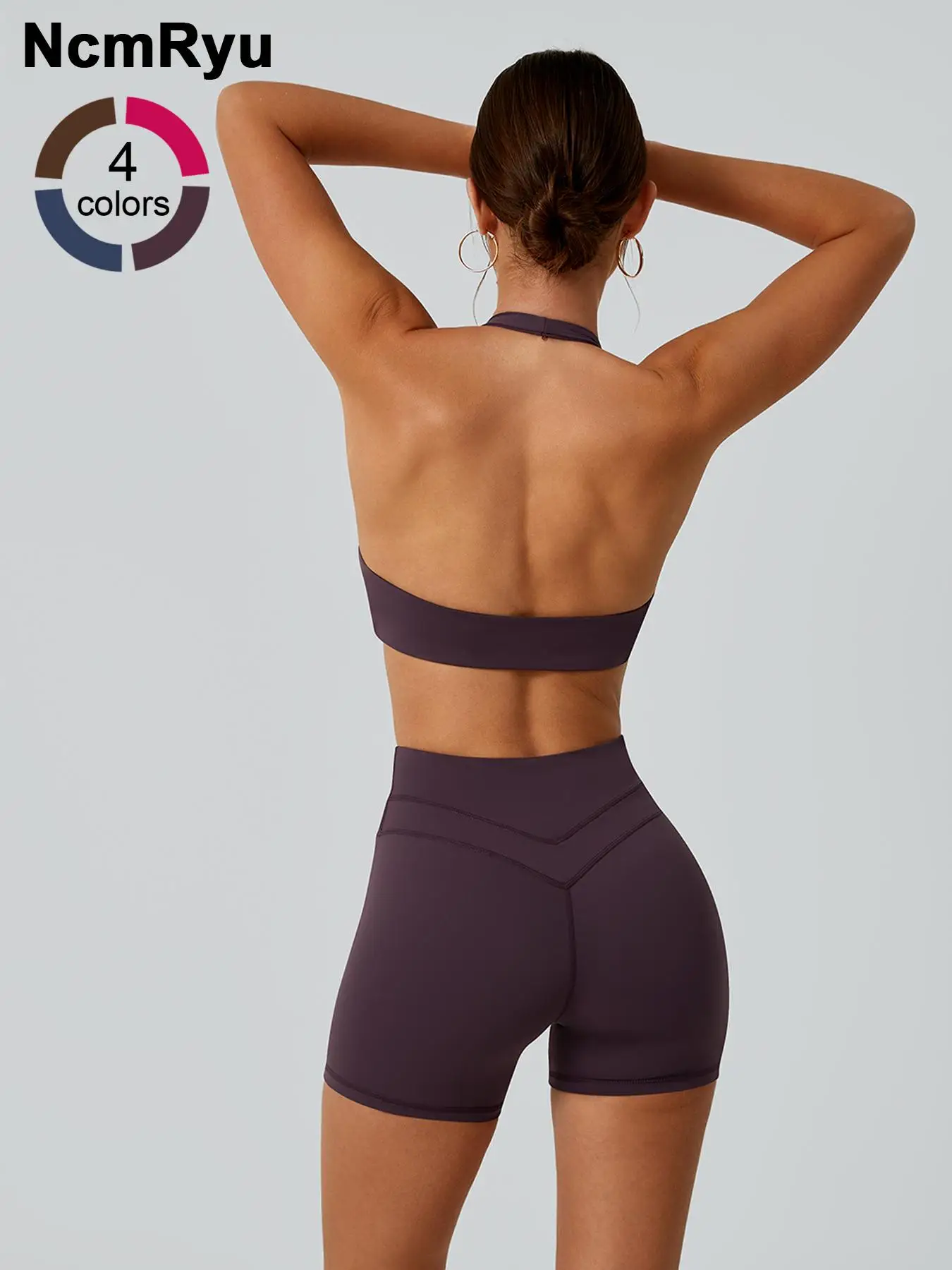 2 piece set women's sports bras shorts detachable chest pads hanging neck exposed back high waist high elasticity abdominal compression hip lifting co