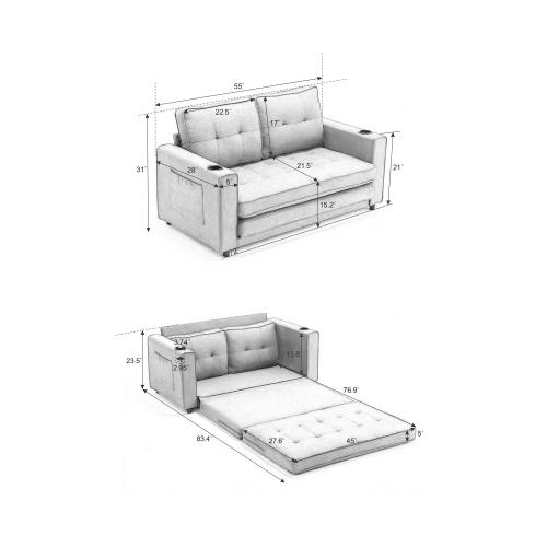 VIDEO Provided 3-in-1 Upholstered Futon Sofa Convertible Sofa Bed,Foldable Tufted Loveseat With Pull Out Sleeper Couch Bed