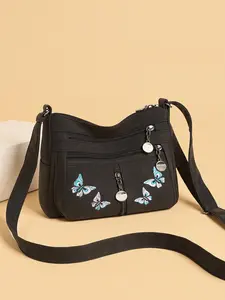 Retro casual embroidered butterfly pattern single-shoulder crossbody bag, fashionable ethnic style multi-zipper easy-to-match daily commuter sling bag