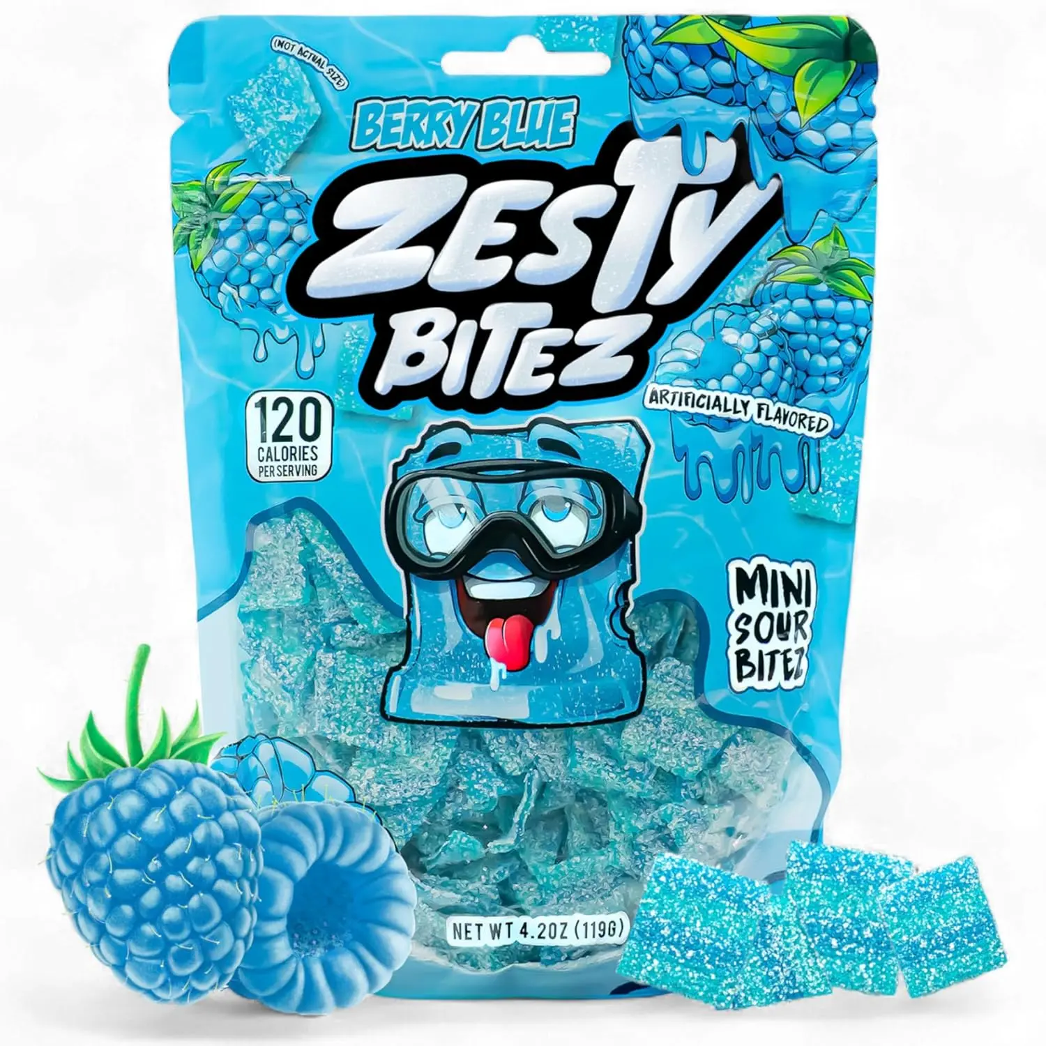 New 2026!!! Zesty Bitez Sour Candy Strips Bites – Sour Belts with Intense Tangy Fruity Flavor (1 Pack, Berry Blue)