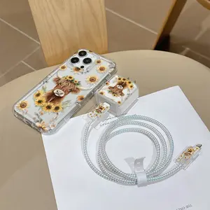6 Piece Set Transparent Sunflower & Cow Phone Case, Charger Protector, Cable Organizer, Storage Rope, Anti-Drop Tpu Cover for iPhone