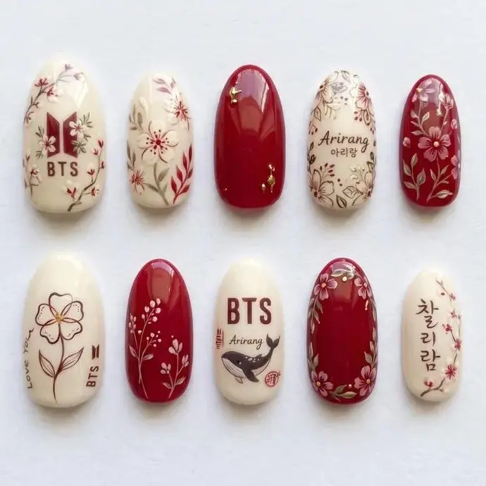 Handmade BTS Nails Box, Arirang Inspired Floral & Koren Whale Press On Nails, K-Pop Inspired Handmade Gel Nail Set, Elegant Blossom Art